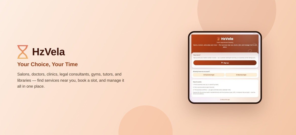 HzVela — online appointment booking app interface